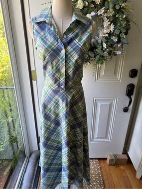 Vintage Y2K 100% Cotton Duck Head Green & Blue Plaid Sleeveless Midi Shirt Dress